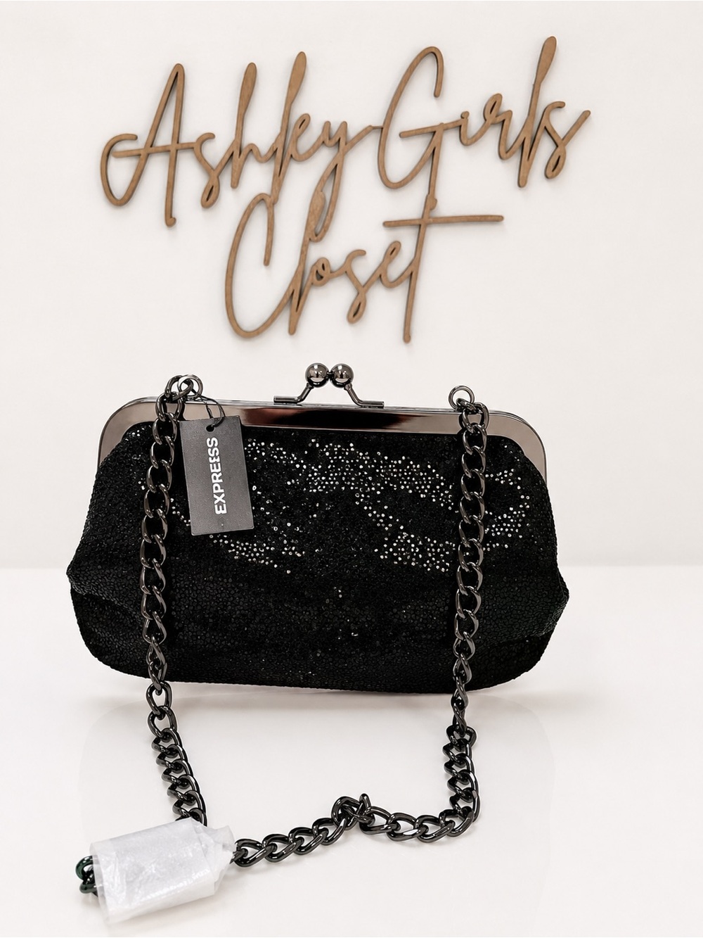 EXPRESS Black Sequin Evening Clutch Bag w/ Chain Strap NWT